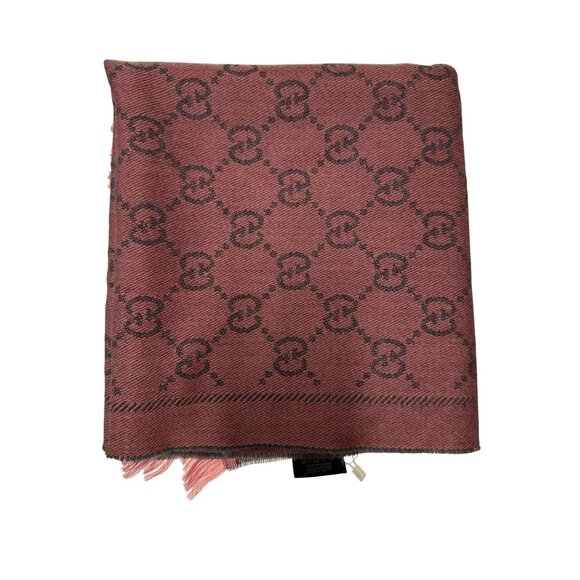 Gucci Pink & Gray Wool GG Monogram Scarf With Fringe Edges - Picture 1 of 6